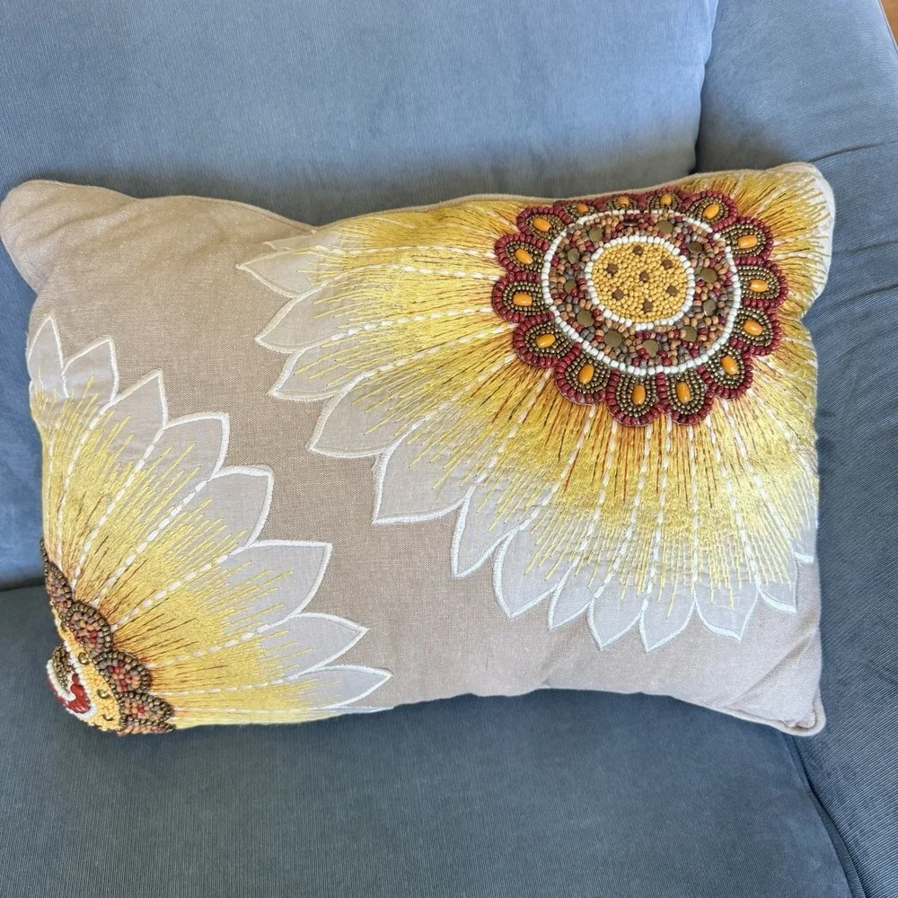 Vintage Pier 1 Beaded ~ Embroidered ~Sunflower Throw Pillow ~ Floral BOHO 20x14